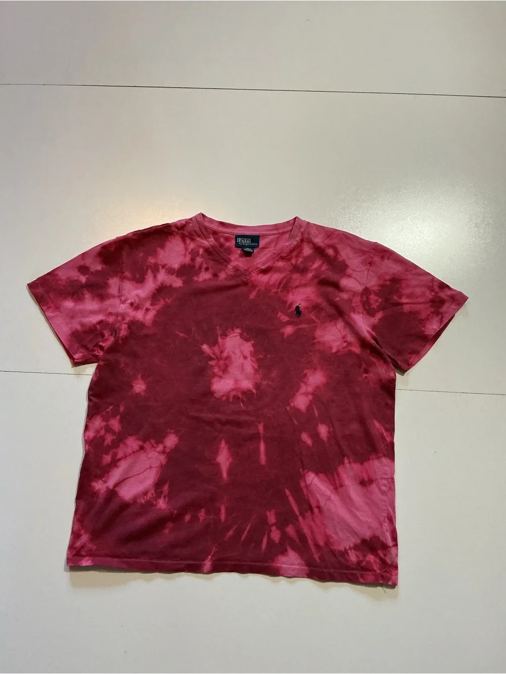 Vintage Polo Ralph Lauren Pony Logo Tie Dye V Neck 100% Cotton S/S T-Shirt